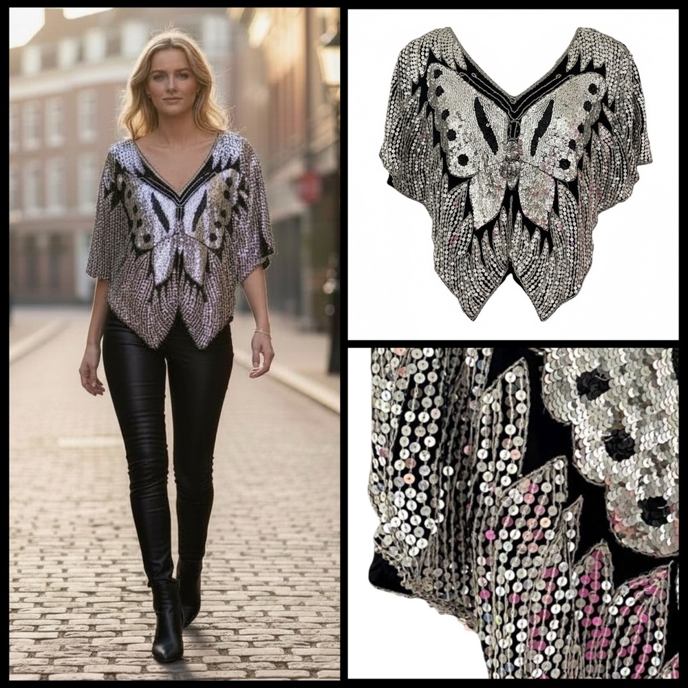 Vintage Sequin Butterfly Disco Top 100% Silk Size Small - Picture 5 of 12